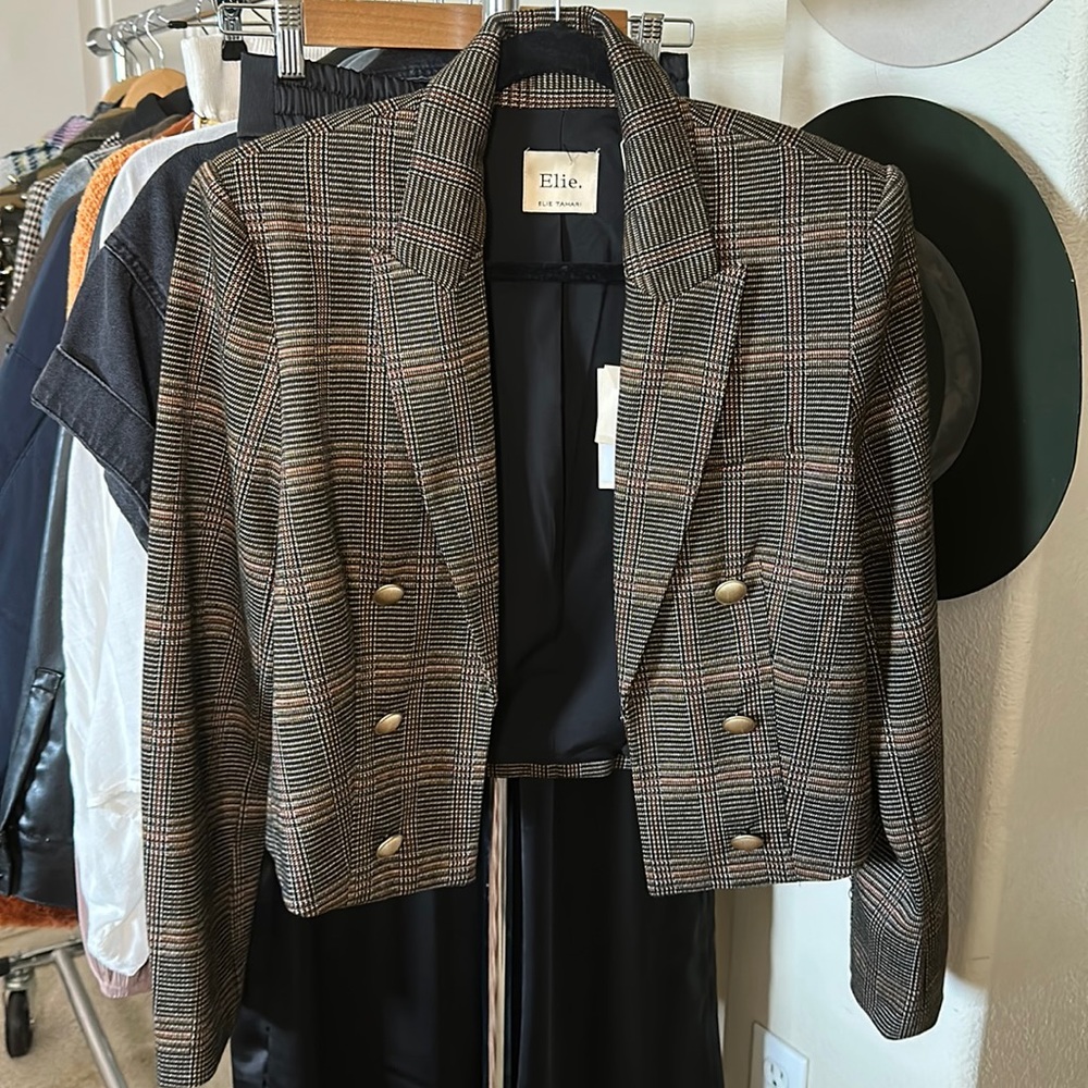 Elie Tahari Windowpane Plaid Cropped Blazer Jacket